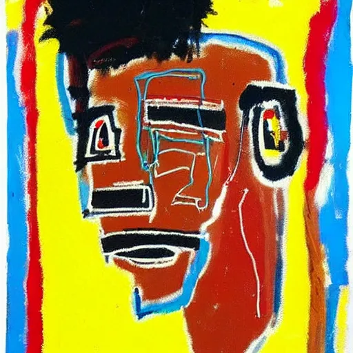 Prompt: a portrait made by Basquiat of a male guy with little beard big lips big nose style paint canvas materical