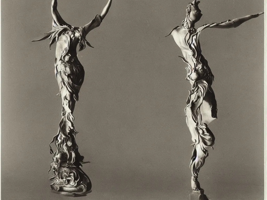 Image similar to flaming gothic japanese statue of a deity, dancing. karl blossfeldt, salvador dali