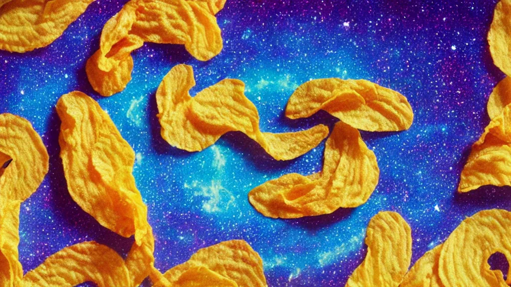 Image similar to psychedelic polaroid product photo of a perfectly shaped wavy ridged potato chip, levitating in the cosmic night sky