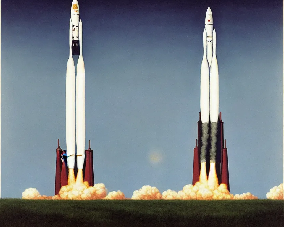 Image similar to an achingly beautiful print of a Saturn V rocket lifting off from the launchpad by Raphael, Hopper, and Rene Magritte. detailed, romantic, enchanting, trending on artstation.