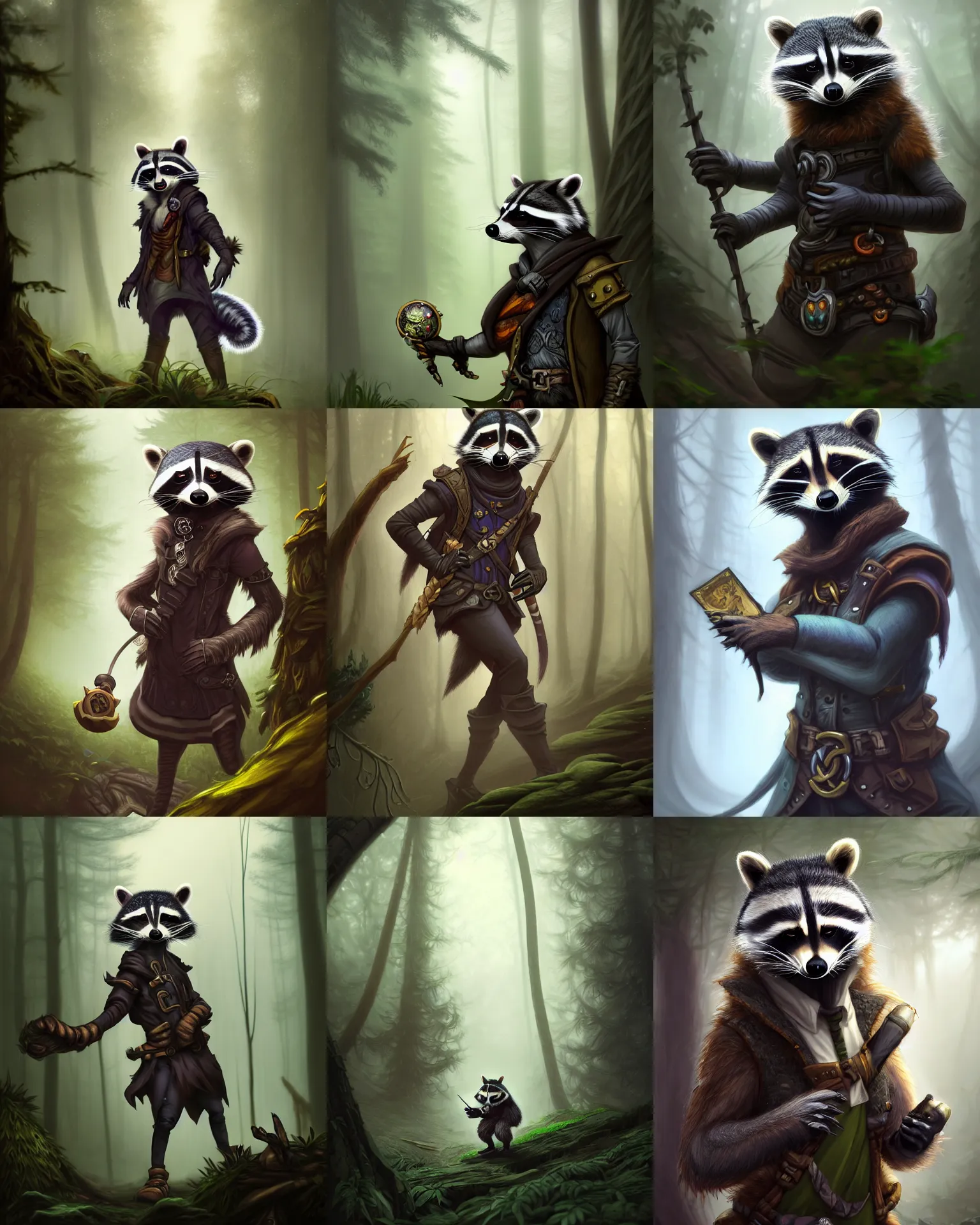 Prompt: photography of a male anthropomorphic raccoon fursona dressed as a rogue in a misty forest, deep focus, d & d, fantasy, intricate, elegant, highly detailed, digital painting, artstation, concept art, matte, sharp focus, illustration, hearthstone, art by artgerm and greg rutkowski and alphonse mucha