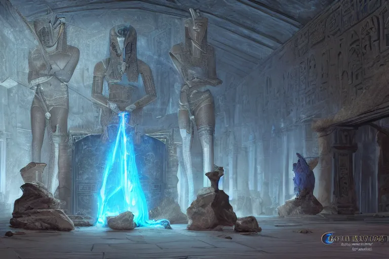 Prompt: old twisted staff weapon with a blue crystal at it's tip, fantasy movie scene greg rutkowski digital painting of an ornate and royal egyptian antechamber tomb, unreal engine, hyper realism, realistic shading, cinematic composition, blender render, octane render, hdr, detailed textures, photorealistic, ultrawide shot, 3 5 mm film