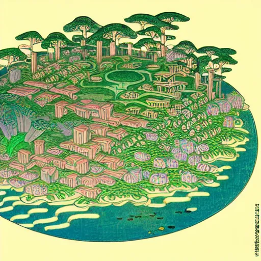 Prompt: 3d isometric botanical illustration of a small city in an island surrounded by water, !!diego rivera!! in Ukiyo-e style variation 1, HD