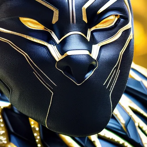 Image similar to a close up photo of a detailed golden statue of Black Panther, 8K,