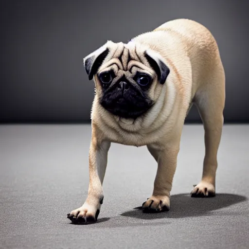 Prompt: a pug with human legs, photo