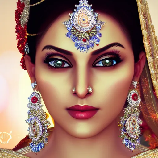 Image similar to portrait of wonderful hindi princess of white diamonds with fair skin, white flowers, ornate with white diamonds, 8 k, gorgeous, intricate, detailed, glowing white accent lighting, dramatic lighting, octane render