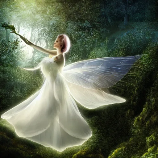 Image similar to a very detailed, high definition, dreamful, faceless, beatiful, female fairy wearing a translucent, white dress levitating in the air in a thickly vegetated forest in a wonderful fantasy world, dreamlike light incidence, surrounded by many fairies, during sunset, art style, award winning picture