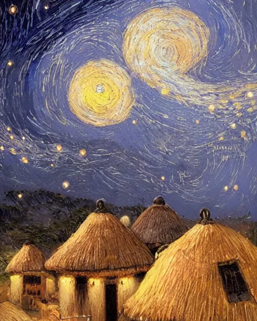 Image similar to Painting by Greg Rutkowski, A large ceramic jar with a golden ornament flies high in the starry night sky above small huts under thatched roofs