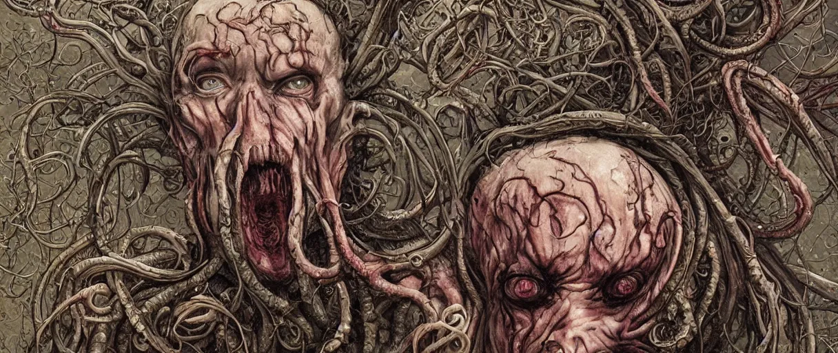 Image similar to centered horrifying detailed portrait of a insane, crazed, mad old man as cthulhu, eldritch abomination, dunwitch horror, lovecraft bleeding ornate tentacles growing around, ornamentation, thorns, vines, tentacles, elegant, beautifully soft lit, full frame, 8 k by wayne barlowe, peter mohrbacher, kelly mckernan, h r giger