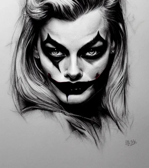 Image similar to tattoo design sketch of beautiful margot robbie portrait with joker makeup, in the style of den yakovlev, realistic face, black and white, faded edges, realism tattoo, hyper realistic, highly detailed