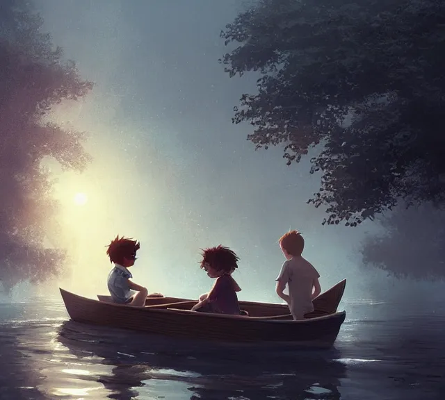 Prompt: a boy and a girl with long flowing auburn hair sitting together on the rowboat. Boy has black short hair, boy has black short hair. Atmospheric lighting, long shot, romantic, boy and girl are the focus, trees, river. details, sharp focus, illustration, by Jordan Grimmer and greg rutkowski, Trending artstation, pixiv, digital art