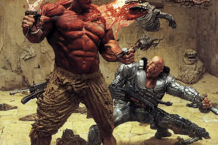 Prompt: portrait of morgan aste as the punisher blasting a lizard beast with a shotgun by lawrence alma - tadema and zdzislaw beksinski and norman rockwell and jack kirby and tom lovell and greg staples