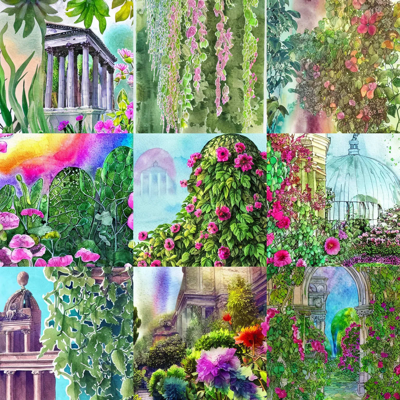 Prompt: delicate garden on paper floating puffy vines botanical herbarium botanic watercolors iridescent 8 k wide angle realistic artstation italian rainbow neoliberty architecture pompeii