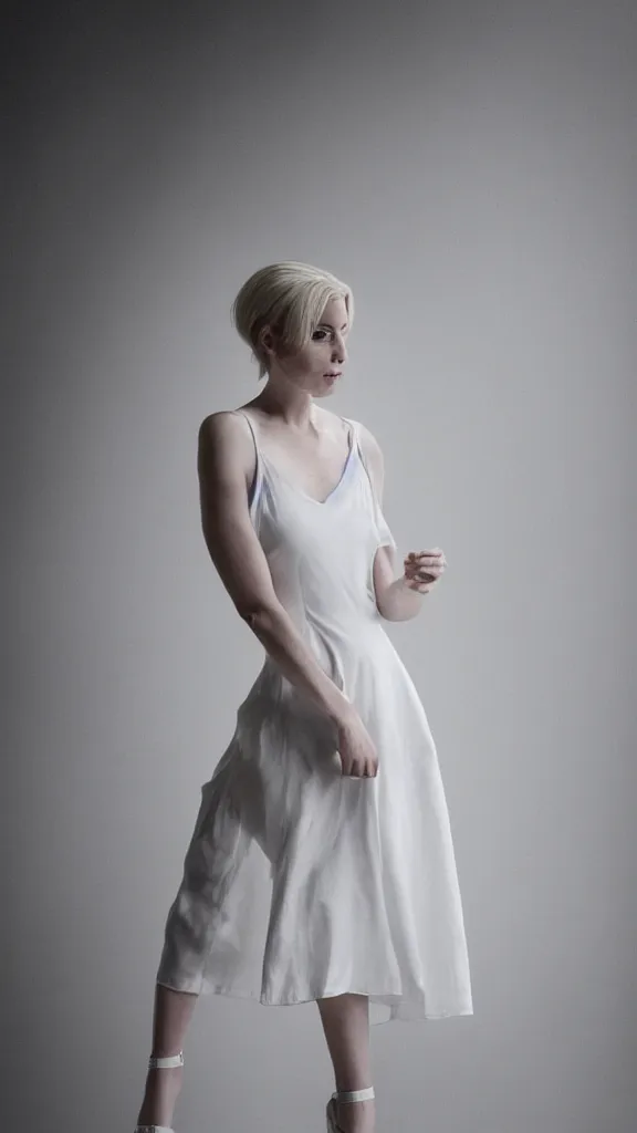 Image similar to emily skinner cosplaying annie leonhart in open toe heels in a white dress in a white room, beautiful face, pale skin, rule of thirds, cinematic lighting, rainy weather, melancholy atmosphere, sharp focus, backlit, stunning, model agency, smooth, hard focus, full body shot, instagram photo, shot on sony a 7 iii, hyper realistic,