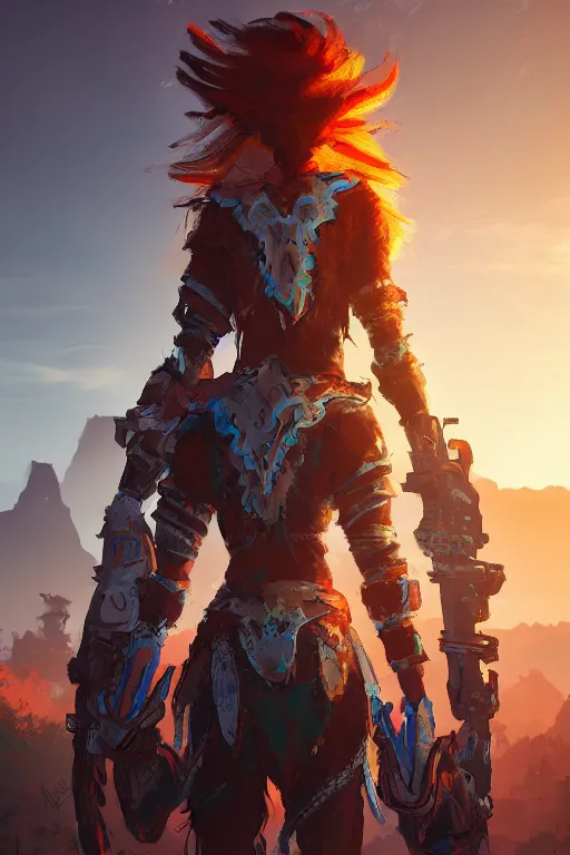 Image similar to combination suit armor aloy horizon forbidden west horizon zero dawn radiating a glowing aura global illumination ray tracing hdr fanart arstation by ian pesty and alena aenami artworks in 4 k tribal robot ninja mask helmet backpack