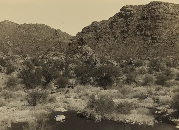 Image similar to View of the Gila river, surrounded by lush desert vegetation and rocky slopes, albumen silver print, Smithsonian American Art Museum