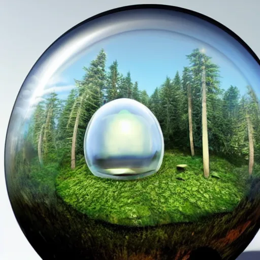 Prompt: A mountain inside a glass sphere with a giant mushroom in the center, a forest on either side, 8K, Ultra Realistic