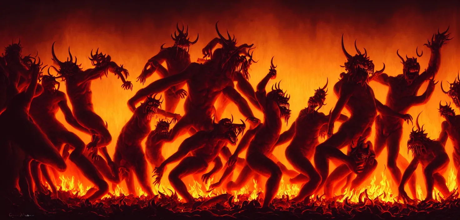 Image similar to oil matte painting, closeup portrait of ugly creepy devils dancing around a bonfire in hell at ba rave cheering dancing beautiful cinematic light deep focus, elegant, digital painting, smooth, sharp focus, golden ratio, dramatic illumination, ultra realistic, 8 k, art by greg rutkowski wlop rossdraws