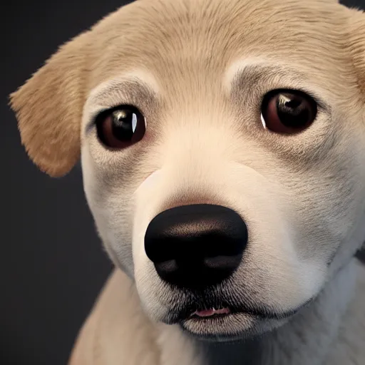 Prompt: crisp quality and light reflections, photorealistic portrait, studio lighting, still photo of a cute dog in the uncanny valley, bright studio setting, highly detailed, unreal engine 5 quality render