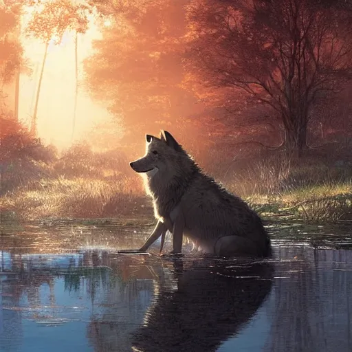 Image similar to A wolf sitting alone in a pond, golden sunlight, evening, beautiful, sad, artstation greg rutkowski