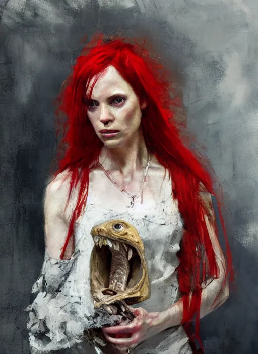 Image similar to portrait painting of beautiful red head ancient irish celtic priestess holding a velociraptor skull, by jeremy mann, only one head single portrait