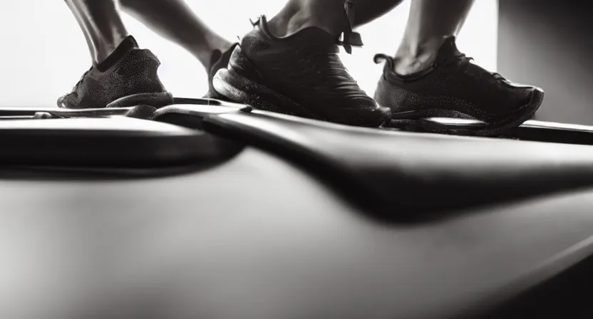 Image similar to close up on worn out running shoes running on a treadmill. cinematic lighting. dark and moody lighting. octane render. dark subdued tones.