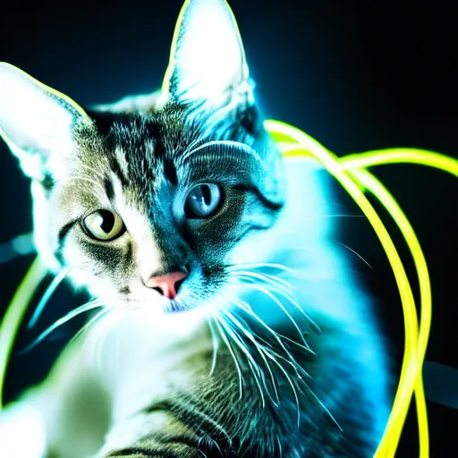 Image similar to photo of a cat with fibre optic cable for fur