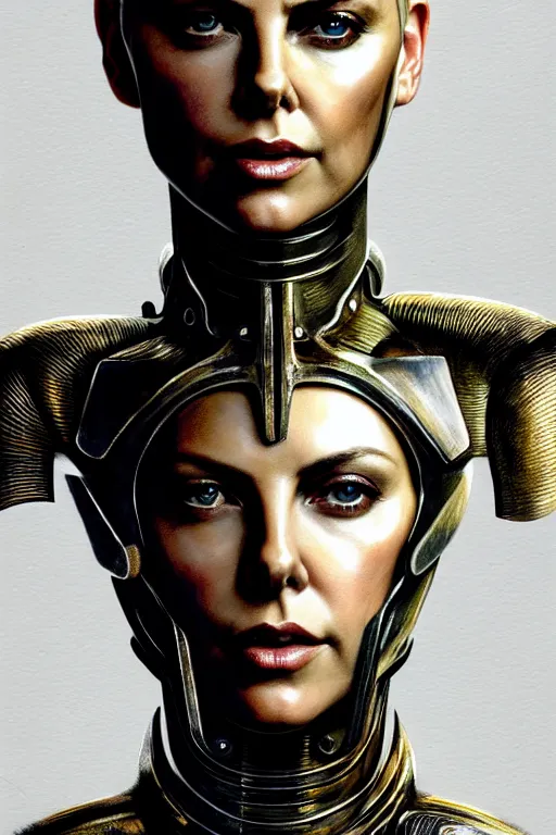 Image similar to a photorealistic painting of Charlize Theron, partially clothed in metal-plated battle armor, olive skin, long dark hair, beautiful bone structure, symmetrical face, perfect eyes, intricate, elegant, digital painting, concept art, illustration, sharp focus, minimal artifacts, from Metal Gear, in the style of Ruan Jia and Mandy Jurgens and Greg Rutkowski, trending on Artstation, award winning