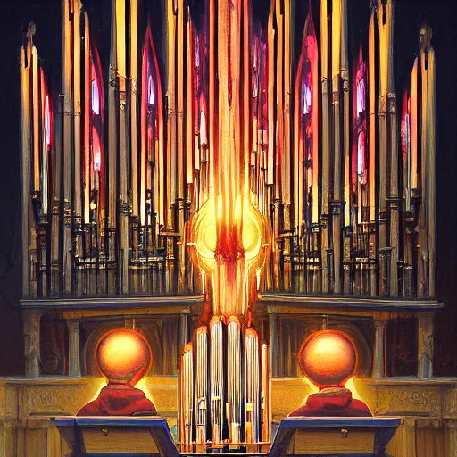 Prompt: hd, realistic anthropomorphic pipe organ, fantasy science fiction, glowing electric aura, by donato giancola and greg rutkowski and wayne barlow and zdzisław beksinski, realistic face, visible face, digital art, artstation, symmetry