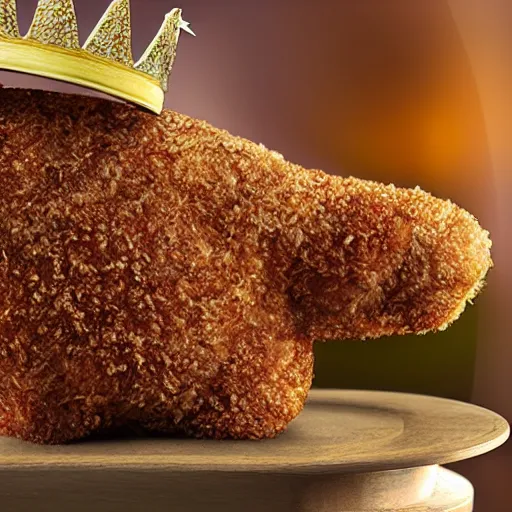 Image similar to standing breaded chicken with a crown of a king in top of it, hyper realistic, 4k