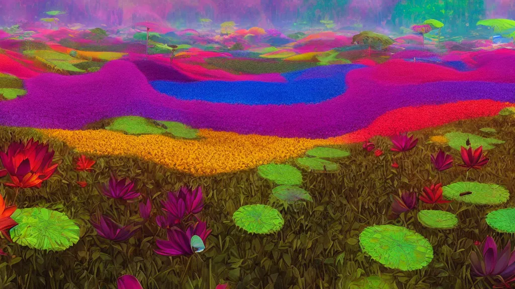 Prompt: digital illustration of a field of multi - colored megaflora lotus flowers by dr. seuss, reimagined by ilm and beeple : 1 | spectral color, electric color, rolling hills : 0. 9 | fantasy : 0. 9 | unreal engine, deviantart, artstation, hd, 8 k resolution : 0. 8