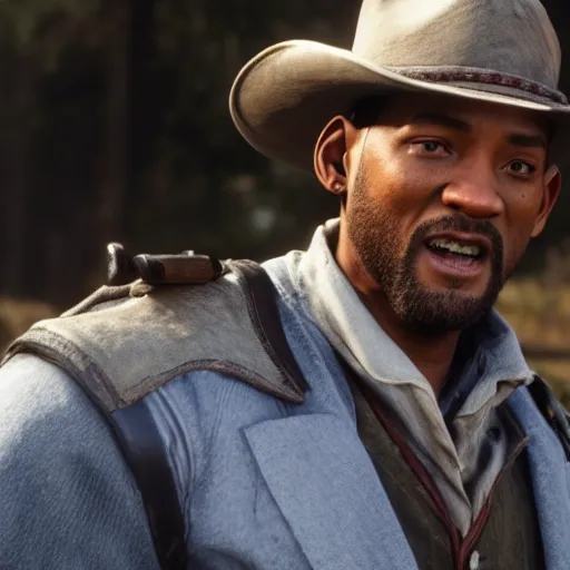 Prompt: Film still of Will Smith, from Red Dead Redemption 2 (2018 video game)