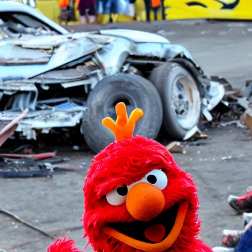 Prompt: elmo at a demolition derby