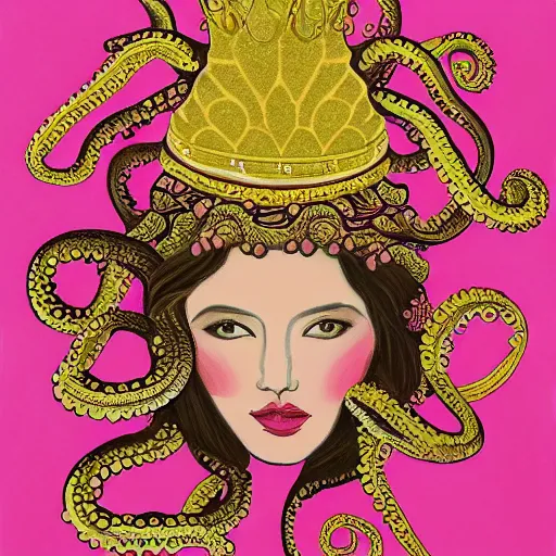 Image similar to queen of octopus, portrait, pink and gold, nouveau, beautiful