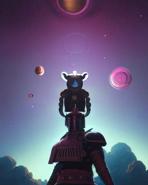 Image similar to highly detailed surreal vfx portrait of a metallic chromatic samurai bear in front of planets filled sky, stephen bliss, unreal engine, greg rutkowski, loish, rhads, beeple, makoto shinkai and lois van baarle, ilya kuvshinov, rossdraws, tom bagshaw, alphonse mucha, global illumination, detailed and intricate environment