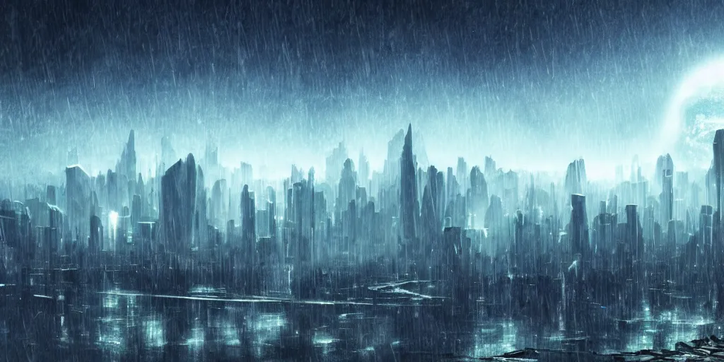 Prompt: beautiful alien world landscape on a rainy day with a sci-fi city in the background, high detail, high definition, photorealistic, 8k