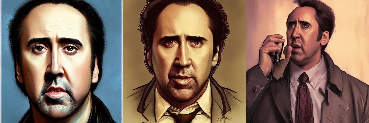 Prompt: portrait of Nicolas Cage as a detective, highly detailed, digital painting, artstation, concept art, sharp focus, illustration, art by artgerm and greg rutkowski and alphonse mucha