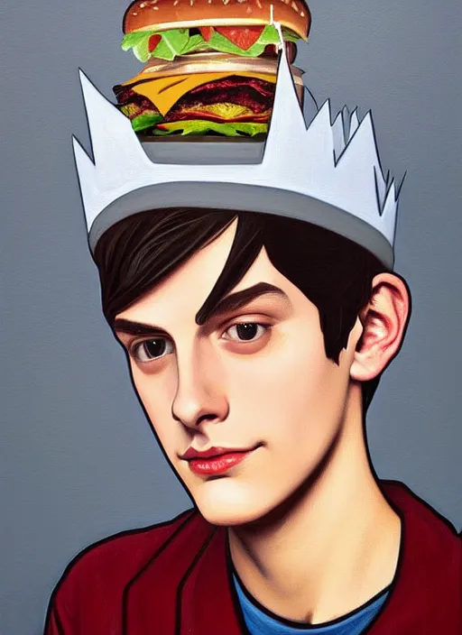 Image similar to oil painting, teenage jughead jones, wears a light grey crown, and devours a hamburger, wearing a light grey crown, intricate, elegant, closed eyes, highly detailed, pinocchio nose, lighting, painting, artstation, smooth, illustration, art by greg rutowski and alphonse mucha