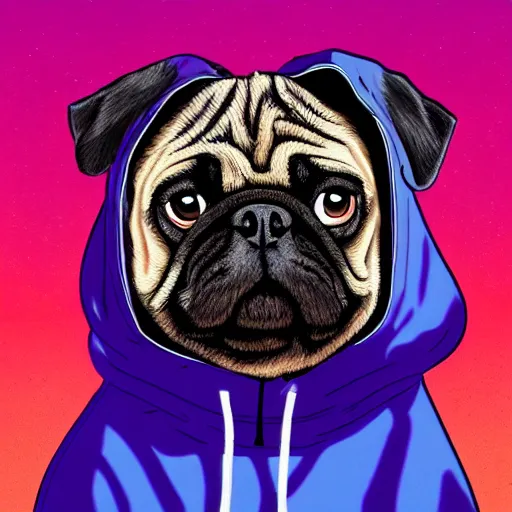 Image similar to a sad pug wearing a hoodie, the word ( sad ) is written on the hoodie in upper case letters, digital art, synthwave style, trending on artstation, matte painting