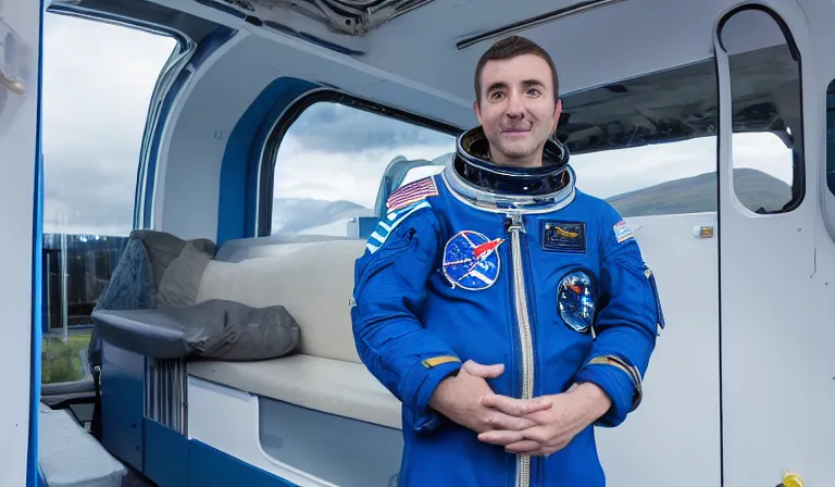 Image similar to astronaut tourist wearing blue space suit, standing in the Isle of Harris, Scotland, a futuristic metallic campervan in the background, wide angle lens, photorealistic