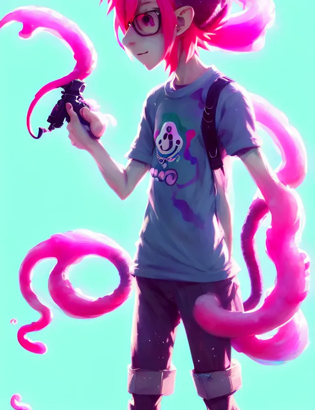 Image similar to a beautiful fullbody portrait of a cute splatoon anime boy with pink hair and green eyes wearing sports clothing leggings. character design by cory loftis, fenghua zhong, ryohei hase, ismail inceoglu and ruan jia. artstation, volumetric light, detailed, photorealistic, fantasy, rendered in octane