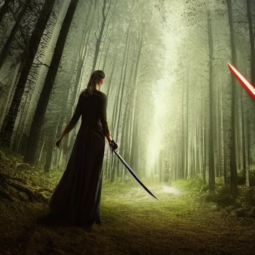 Image similar to Woman cuts timeline with sword in foreground, cinematic shot from back view, camera following a woman on a path through a forest, blackhole, 4K