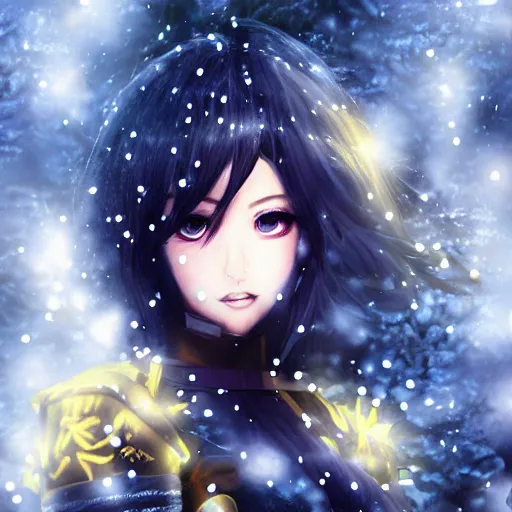 Image similar to focus face portrait of beautiful darkness knight 3D anime girl, golden armor wearing, dark forest background, snowing, bokeh, inspired by Masami Kurumada, digital painting, high contrast, unreal engine render, volumetric lighting, high détail