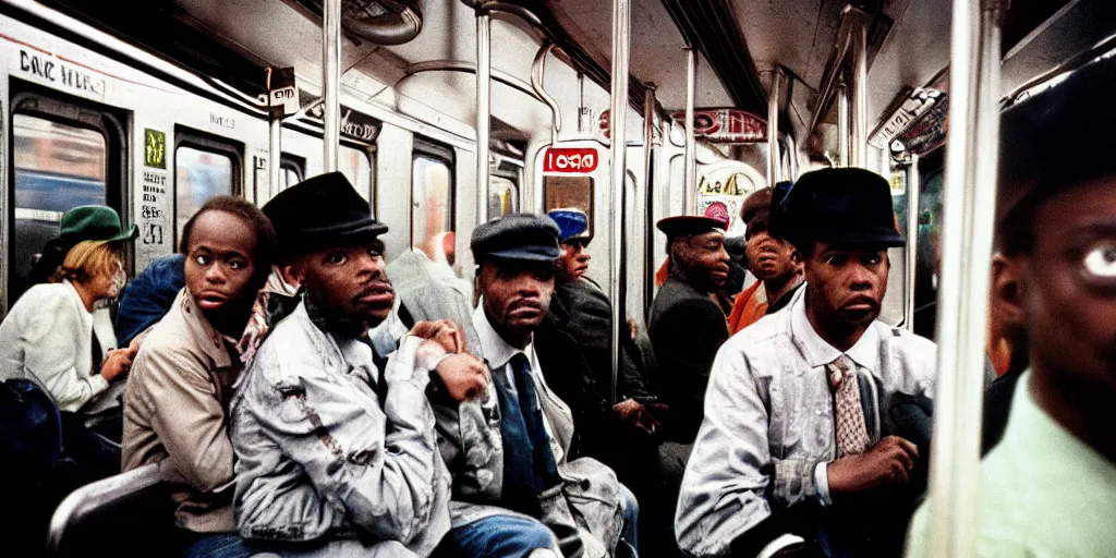 Image similar to new york subway cabin 1 9 8 0 s inside all in graffiti, black guy in the black beret, coloured film photography, christopher morris photography, bruce davidson photography