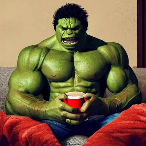 Image similar to A high definition and realistic photo of a smiling incredible hulk drinking a cup of coffee and eating pizza and croissant on a couch in his living room, hyperdetailed, artstation, digital art, photorealism, accurate, 8k,