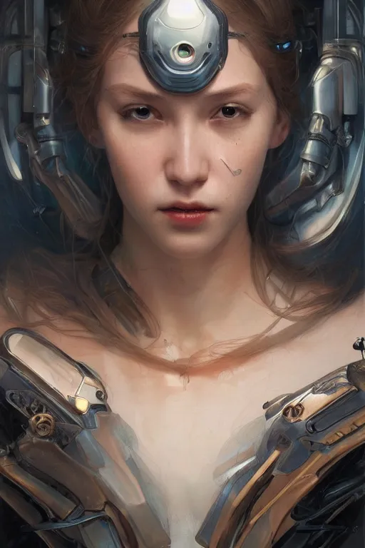 Prompt: Portrait of beautiful Ultra realistic illustration, frightened female cyborg, ,cyberpunk, sci-fi, fantasy, intricate, elegant, highly detailed, digital painting, artstation, concept art, smooth, sharp focus, illustration, art by Yintion J , Jiang Geping and artgerm and greg rutkowski and alphonse mucha.