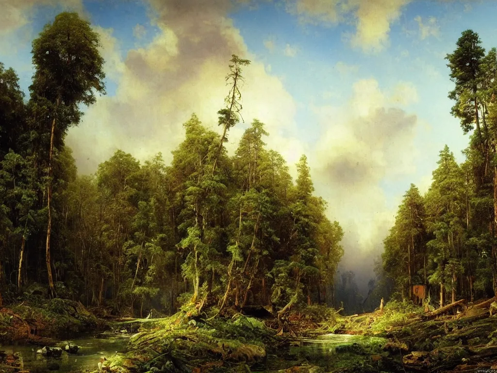 Image similar to abandoned city reclaimed by nature by ivan shishkin and aivazovsky, oil on canvas, highly detailed, masterpiece