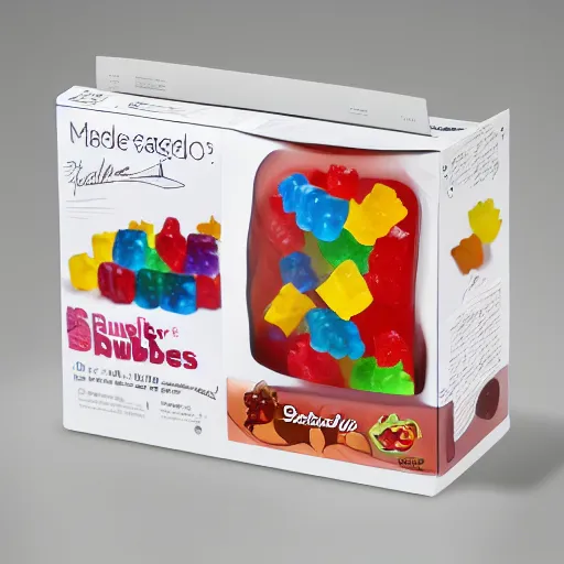 Image similar to original design concept of a packaging for gummy bears, studio lighting, modern style