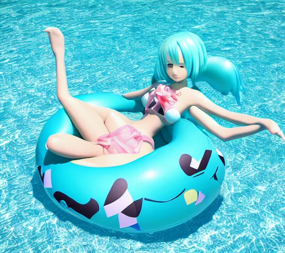 Prompt: 3D render of Hatsune Miku in a duck shaped pool float