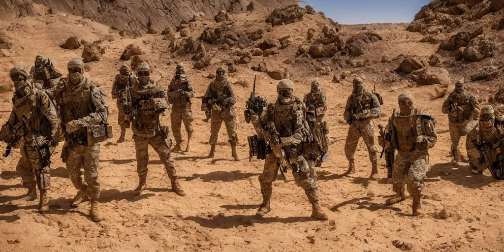 Image similar to a group of soldiers on a rescue mission like the film stargate explore a temple in a desert world, telephoto shot, mid day, heat shimmering.